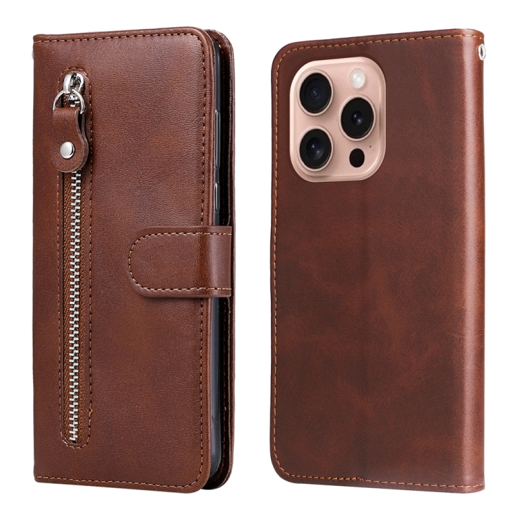 

For iPhone 16 Pro Fashion Calf Texture Zipper Leather Phone Case(Brown)