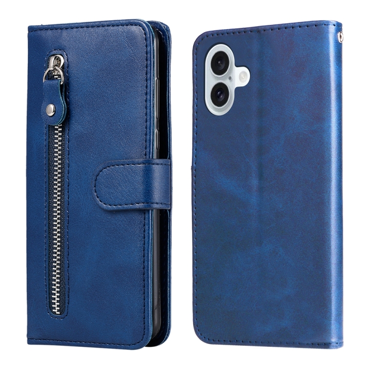 

For iPhone 16 Plus Fashion Calf Texture Zipper Leather Phone Case(Blue)