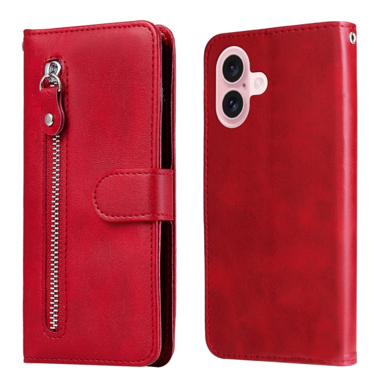 

For iPhone 16 Fashion Calf Texture Zipper Leather Phone Case(Red)
