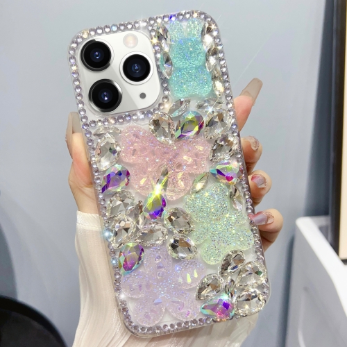 

For iPhone 11 Pro Max Ice Crystal Bow Knot Full Diamond TPU Phone Case(Pink+Blue)