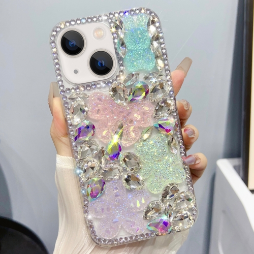 

For iPhone 13 Ice Crystal Bow Knot Full Diamond TPU Phone Case(Pink+Blue)