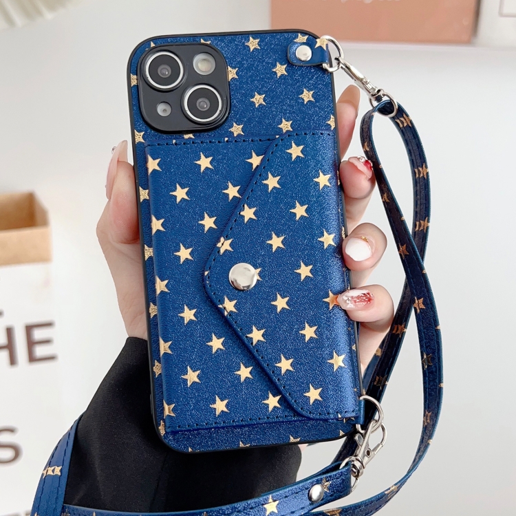 

For iPhone 14 Star Pattern Phone Case With Card Bag and Lanyard(Blue)