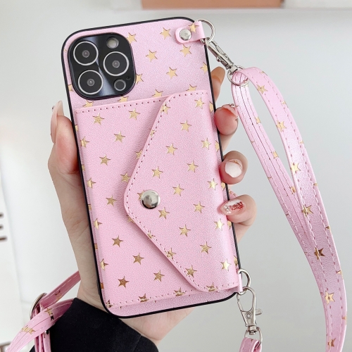 

For iPhone 12 Pro Max Star Pattern Phone Case With Card Bag and Lanyard(Pink)