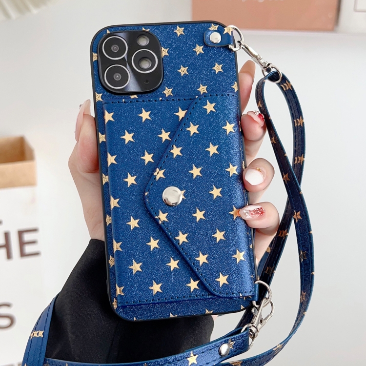 

For iPhone 11 Pro Star Pattern Phone Case With Card Bag and Lanyard(Blue)