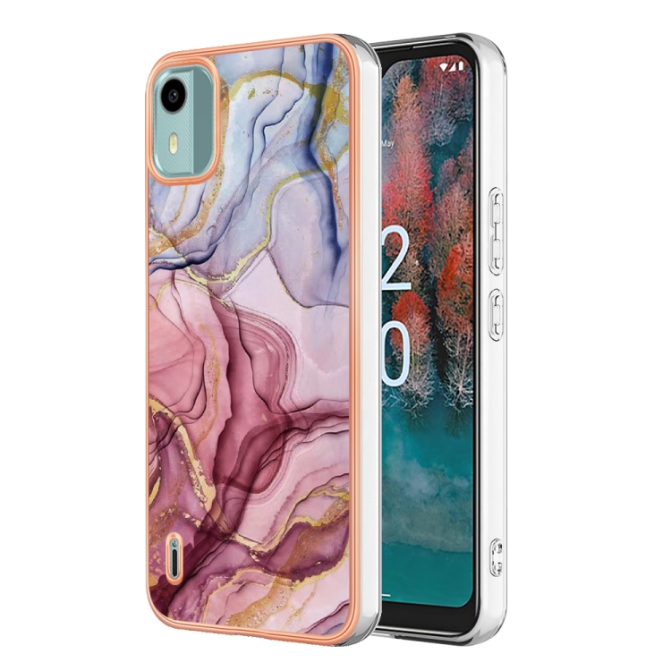 

For Nokia C12 Electroplating Marble Dual-side IMD Phone Case(Rose Red 014)