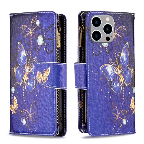For iPhone 15 Pro Max Colored Drawing Pattern Zipper Phone Leather Case(Purple Butterfly) for motorola edge 40 neo colored drawing pattern leather phone case bear