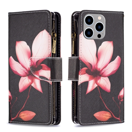 

For iPhone 15 Pro Max Colored Drawing Pattern Zipper Phone Leather Case(Lotus)