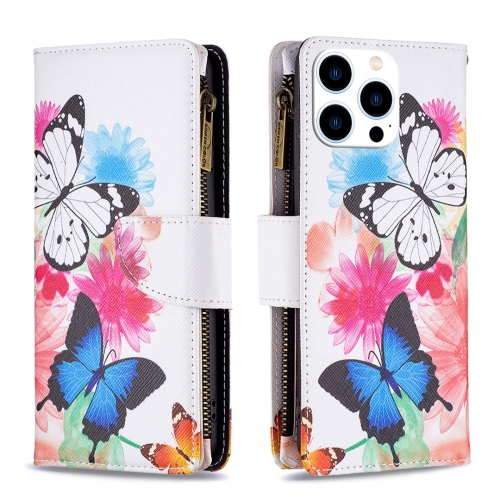 

For iPhone 15 Pro Colored Drawing Pattern Zipper Phone Leather Case(Two Butterflies)