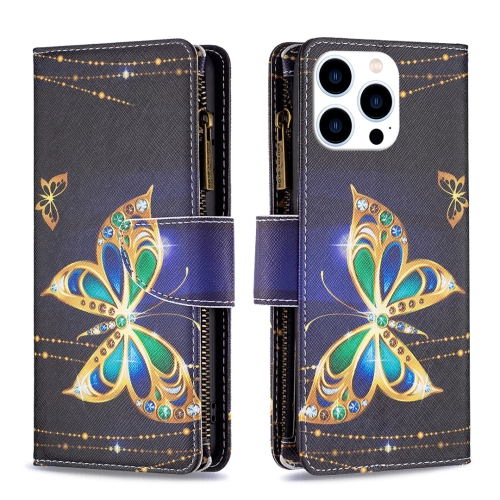 

For iPhone 15 Pro Colored Drawing Pattern Zipper Phone Leather Case(Big Butterfly)