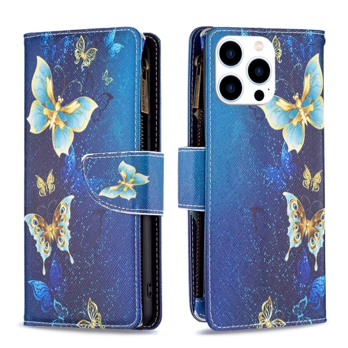 

For iPhone 15 Pro Colored Drawing Pattern Zipper Phone Leather Case(Gold Butterfly)