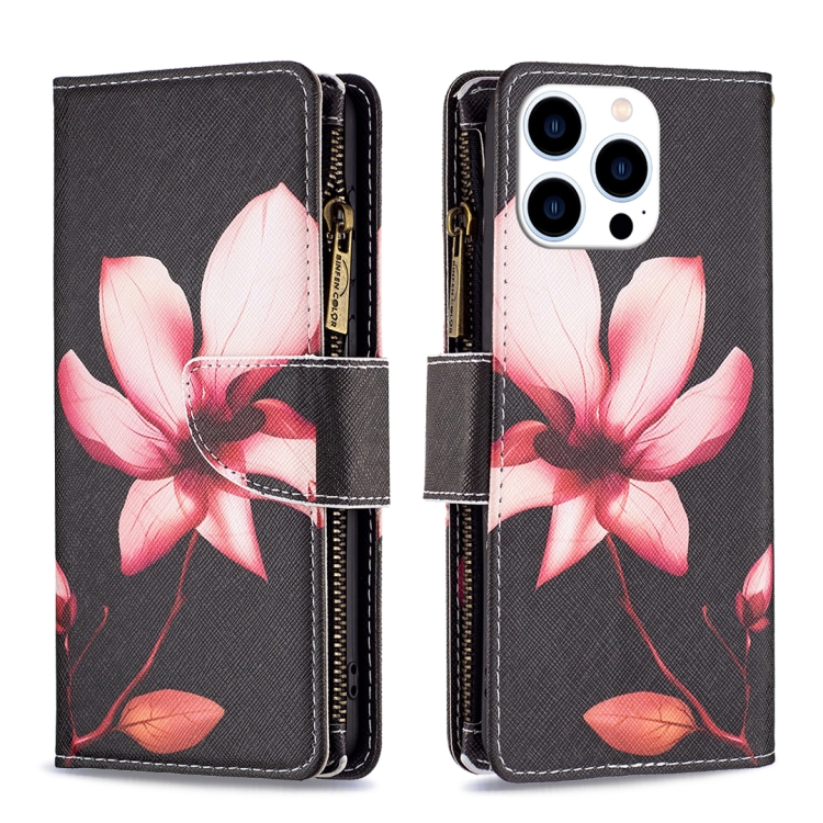 

For iPhone 15 Pro Colored Drawing Pattern Zipper Phone Leather Case(Lotus)