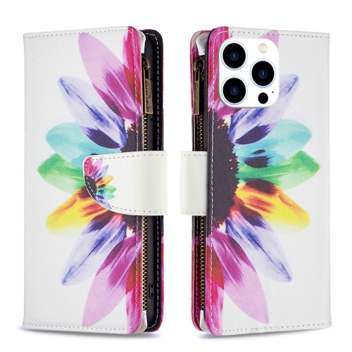 

For iPhone 15 Pro Colored Drawing Pattern Zipper Phone Leather Case(Sun Flower)