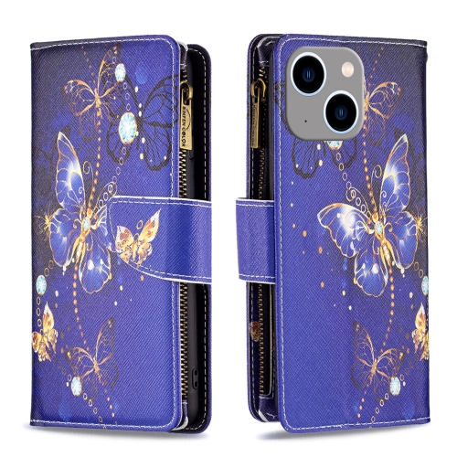 For iPhone 15 Plus Colored Drawing Pattern Zipper Phone Leather Case(Purple Butterfly) for iphone 15 plus armor pc tpu camera shield phone case red