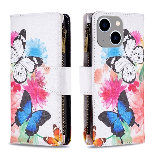 

For iPhone 15 Plus Colored Drawing Pattern Zipper Phone Leather Case(Two Butterflies)