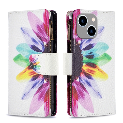 

For iPhone 15 Plus Colored Drawing Pattern Zipper Phone Leather Case(Sun Flower)