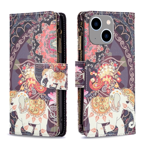 

For iPhone 15 Plus Colored Drawing Pattern Zipper Phone Leather Case(Flower Elephant)