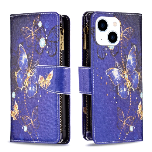 

For iPhone 15 Colored Drawing Pattern Zipper Phone Leather Case(Purple Butterfly)