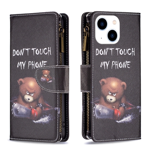 

For iPhone 15 Colored Drawing Pattern Zipper Phone Leather Case(Bear)