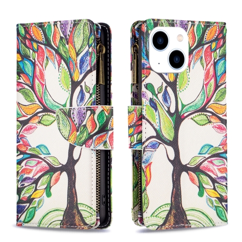 

For iPhone 15 Colored Drawing Pattern Zipper Phone Leather Case(Tree)