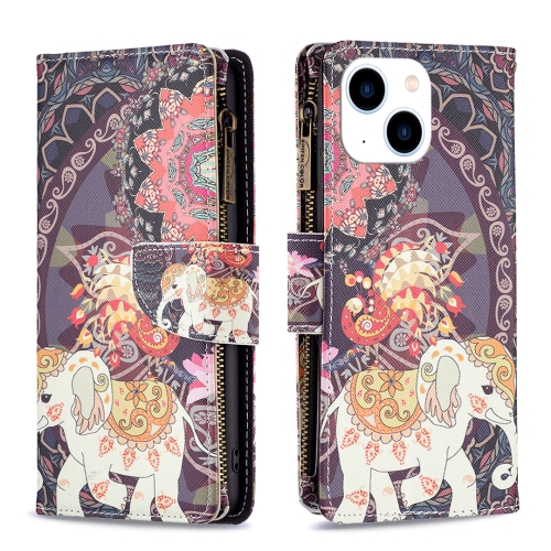 

For iPhone 15 Colored Drawing Pattern Zipper Phone Leather Case(Flower Elephant)