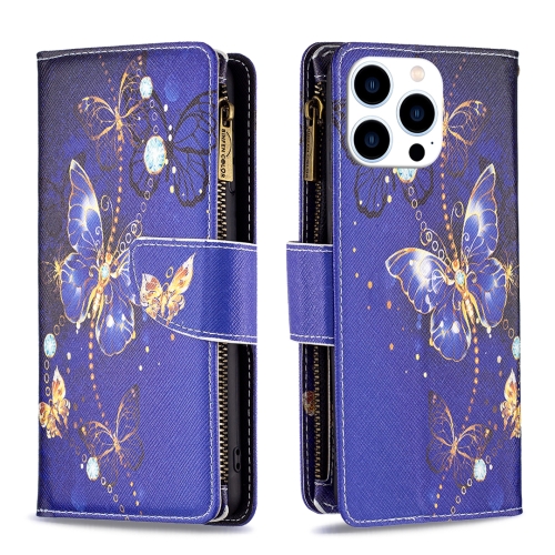 

For iPhone 16 Pro Colored Drawing Pattern Zipper Phone Leather Case(Purple Butterfly)