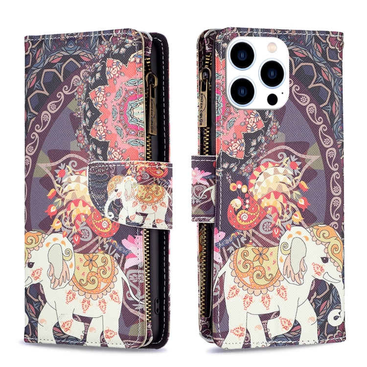 

For iPhone 16 Pro Colored Drawing Pattern Zipper Phone Leather Case(Flower Elephant)