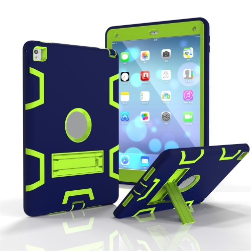 For iPad 9.7(2017) Shockproof PC + Silicone Protective Case，with Holder(Navy Blue Yellow Green)