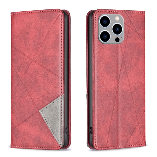 For iPhone 15 Pro Max Rhombus Texture Magnetic Leather Phone Case(Red) for iphone 14 13 eseble e1 nappa texture magsafe holder leather phone case rose gold