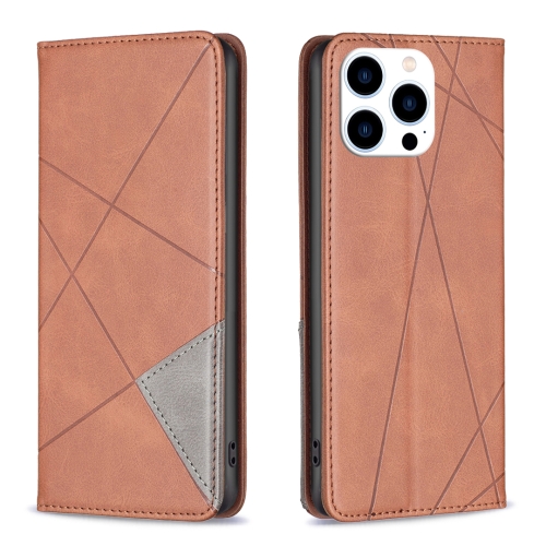 for iphone 15 plus butterfly flower pattern flip leather phone case brown For iPhone 15 Pro Rhombus Texture Magnetic Leather Phone Case(Brown)