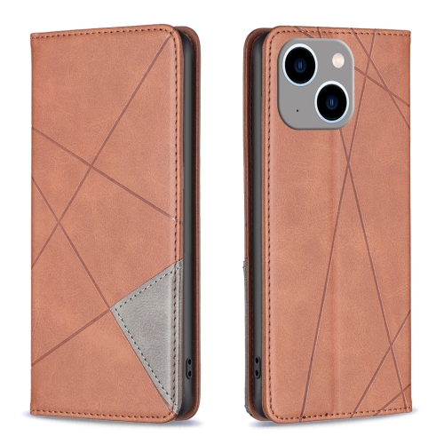 For iPhone 15 Plus Rhombus Texture Magnetic Leather Phone Case(Brown) for oppo reno11 5g global khazneh litchi texture leather rfid phone case brown