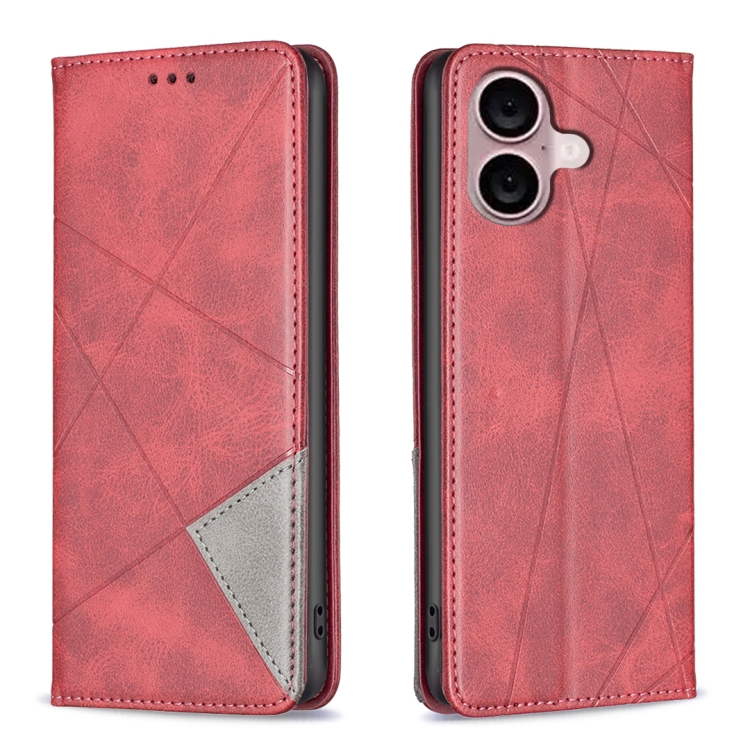 

For iPhone 16 Plus Rhombus Texture Magnetic Leather Phone Case(Red)