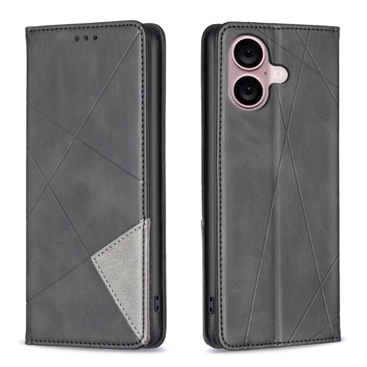 

For iPhone 16 Plus Rhombus Texture Magnetic Leather Phone Case(Black)