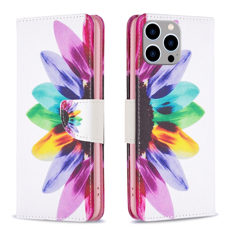 

For iPhone 15 Pro Max Colored Drawing Pattern Leather Phone Case(Sun Flower)