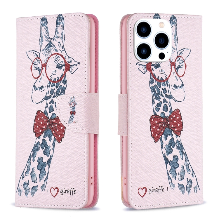 

For iPhone 15 Pro Colored Drawing Pattern Leather Phone Case(Giraffe)