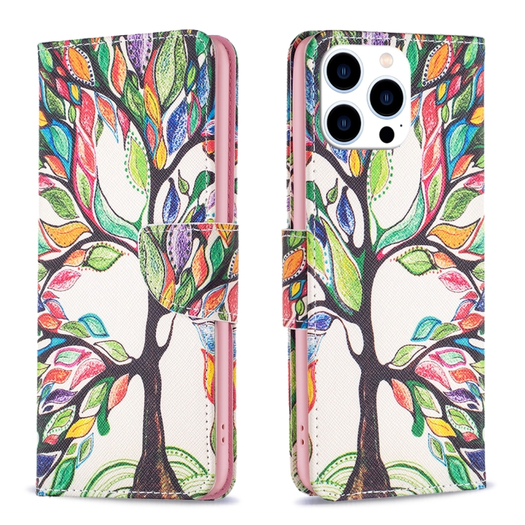 

For iPhone 15 Pro Colored Drawing Pattern Leather Phone Case(Tree Life)