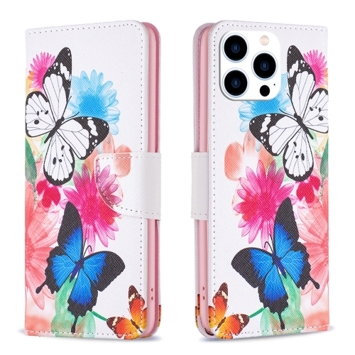 

For iPhone 15 Pro Colored Drawing Pattern Leather Phone Case(Butterflies)