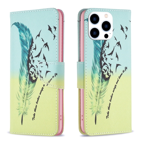 

For iPhone 15 Pro Colored Drawing Pattern Leather Phone Case(Feather)