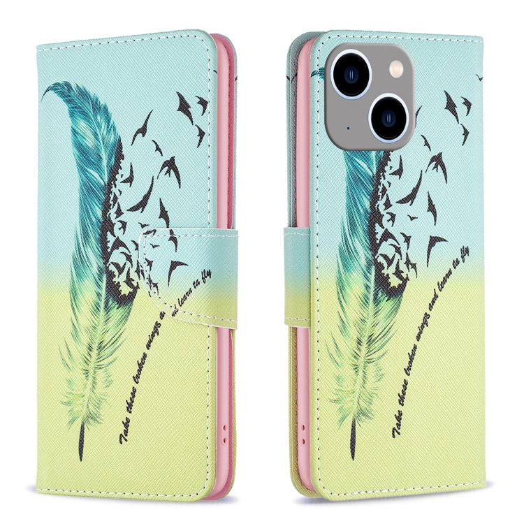 

For iPhone 15 Plus Colored Drawing Pattern Leather Phone Case(Feather)