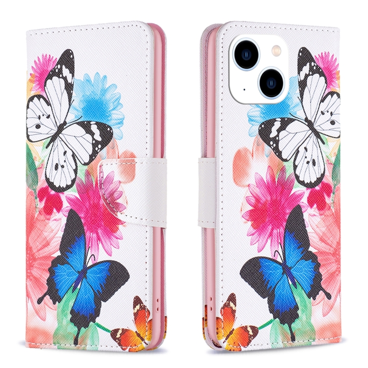 

For iPhone 15 Colored Drawing Pattern Leather Phone Case(Butterflies)
