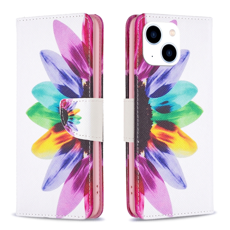 

For iPhone 15 Colored Drawing Pattern Leather Phone Case(Sun Flower)
