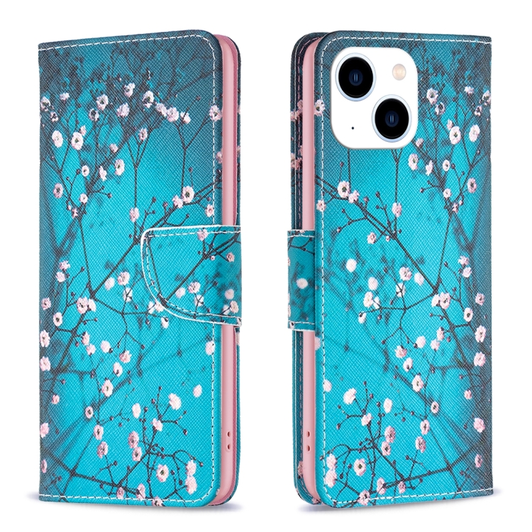 

For iPhone 15 Colored Drawing Pattern Leather Phone Case(Plum Blossom)
