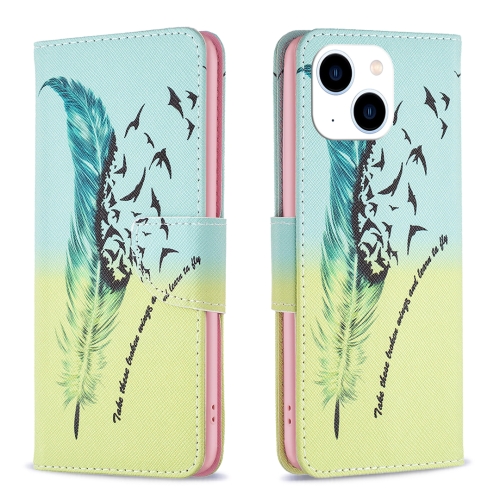 

For iPhone 15 Colored Drawing Pattern Leather Phone Case(Feather)