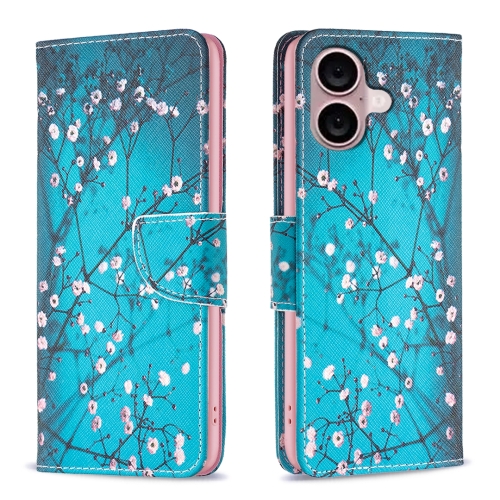 

For iPhone 16 Colored Drawing Pattern Leather Phone Case(Plum Blossom)