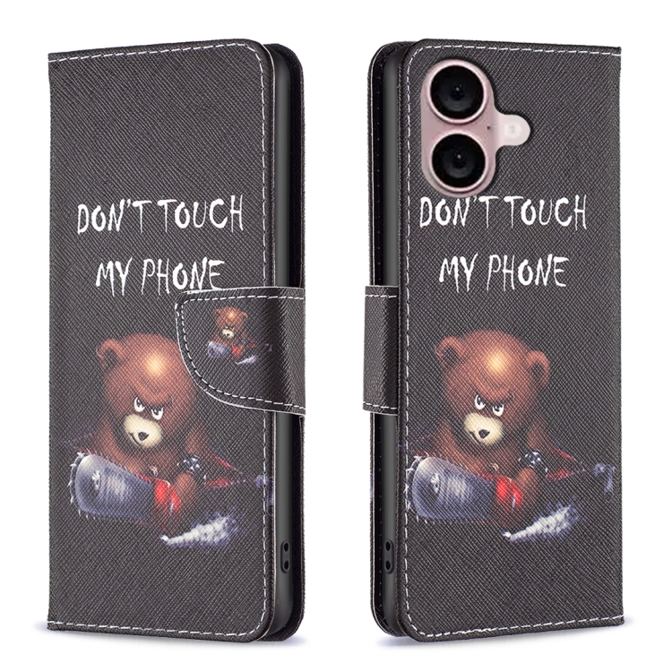 

For iPhone 16 Plus Colored Drawing Pattern Leather Phone Case(Bear)
