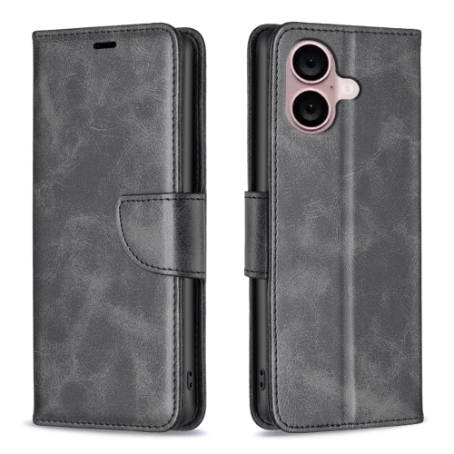 

For iPhone 16 Lambskin Texture Pure Color Flip Leather Phone Case(Black)