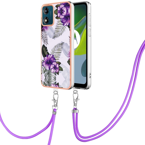 

For Motorola Moto E13 Electroplating IMD TPU Phone Case with Lanyard(Purple Flower)