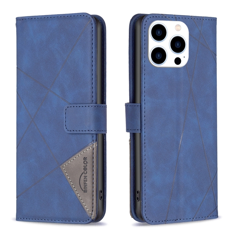

For iPhone 15 Pro Magnetic Buckle Rhombus Texture Leather Phone Case(Blue)