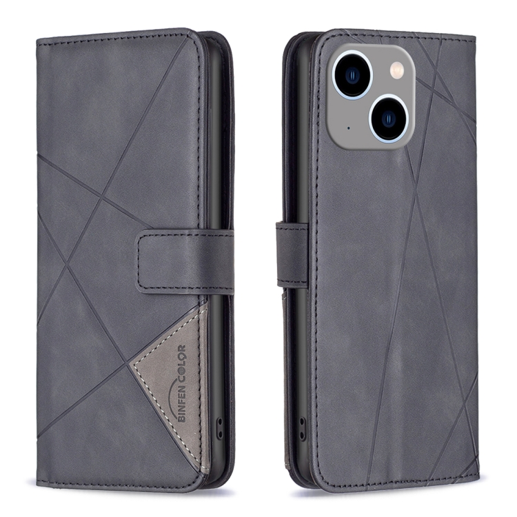 

For iPhone 15 Plus Magnetic Buckle Rhombus Texture Leather Phone Case(Black)