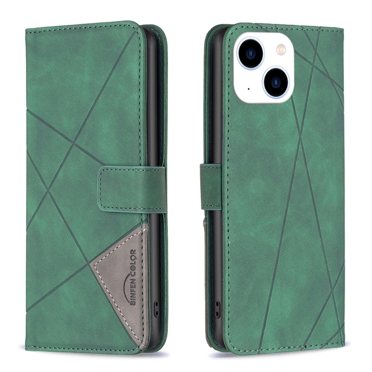 

For iPhone 15 Magnetic Buckle Rhombus Texture Leather Phone Case(Green)