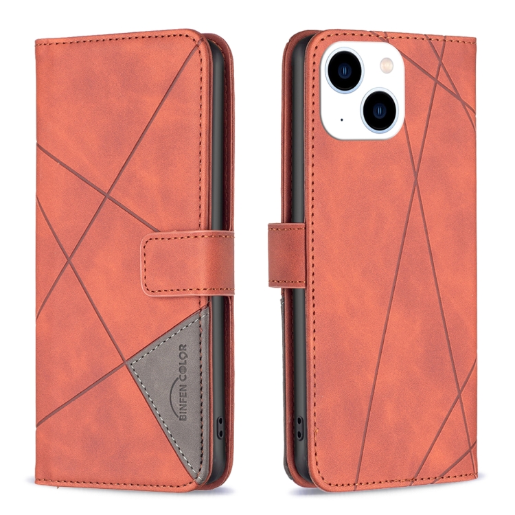 

For iPhone 15 Magnetic Buckle Rhombus Texture Leather Phone Case(Brown)